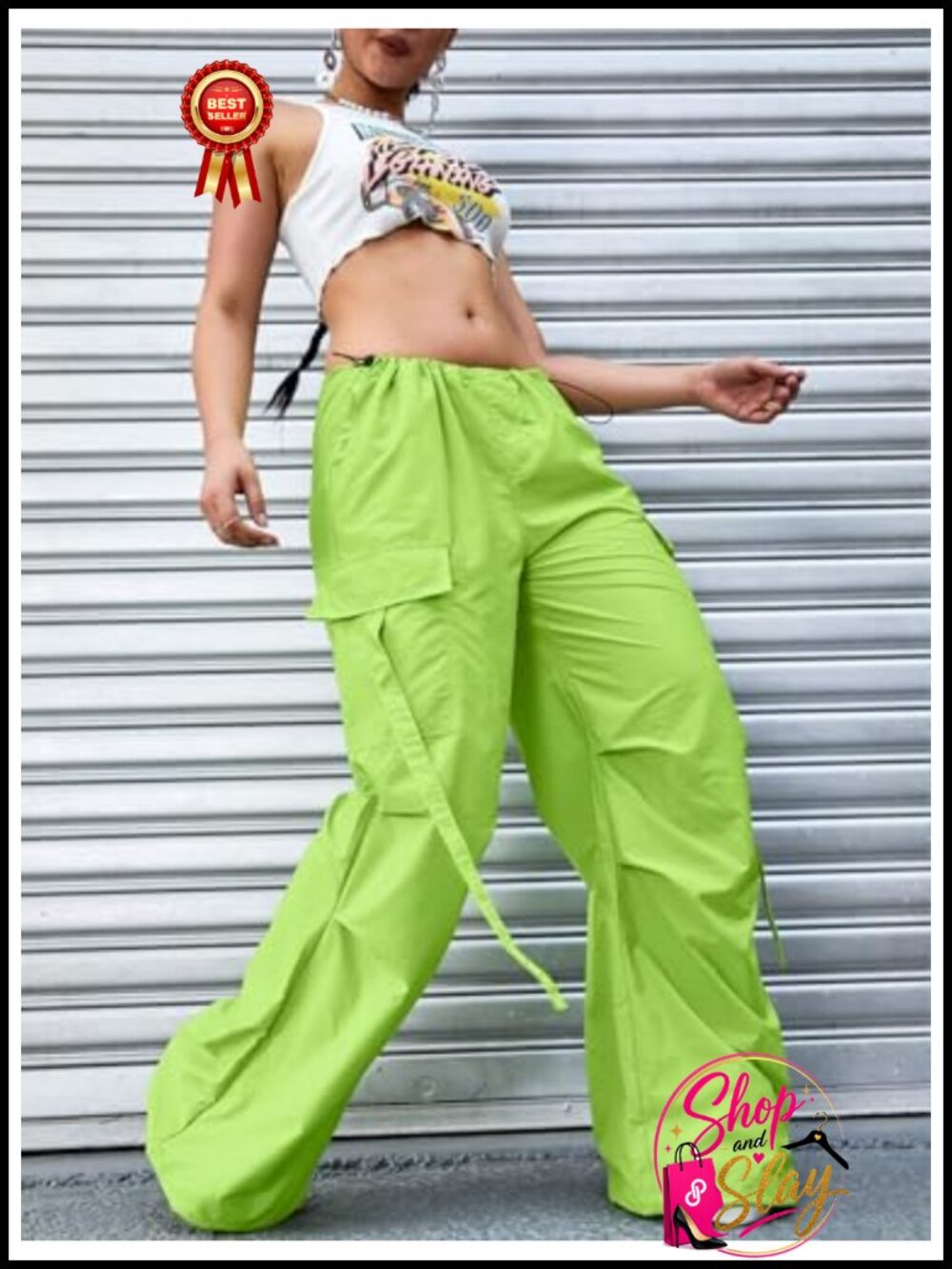 Women's Parachute Cargo Pants Wide Leg Drawstring High Rise Polyamide Blend